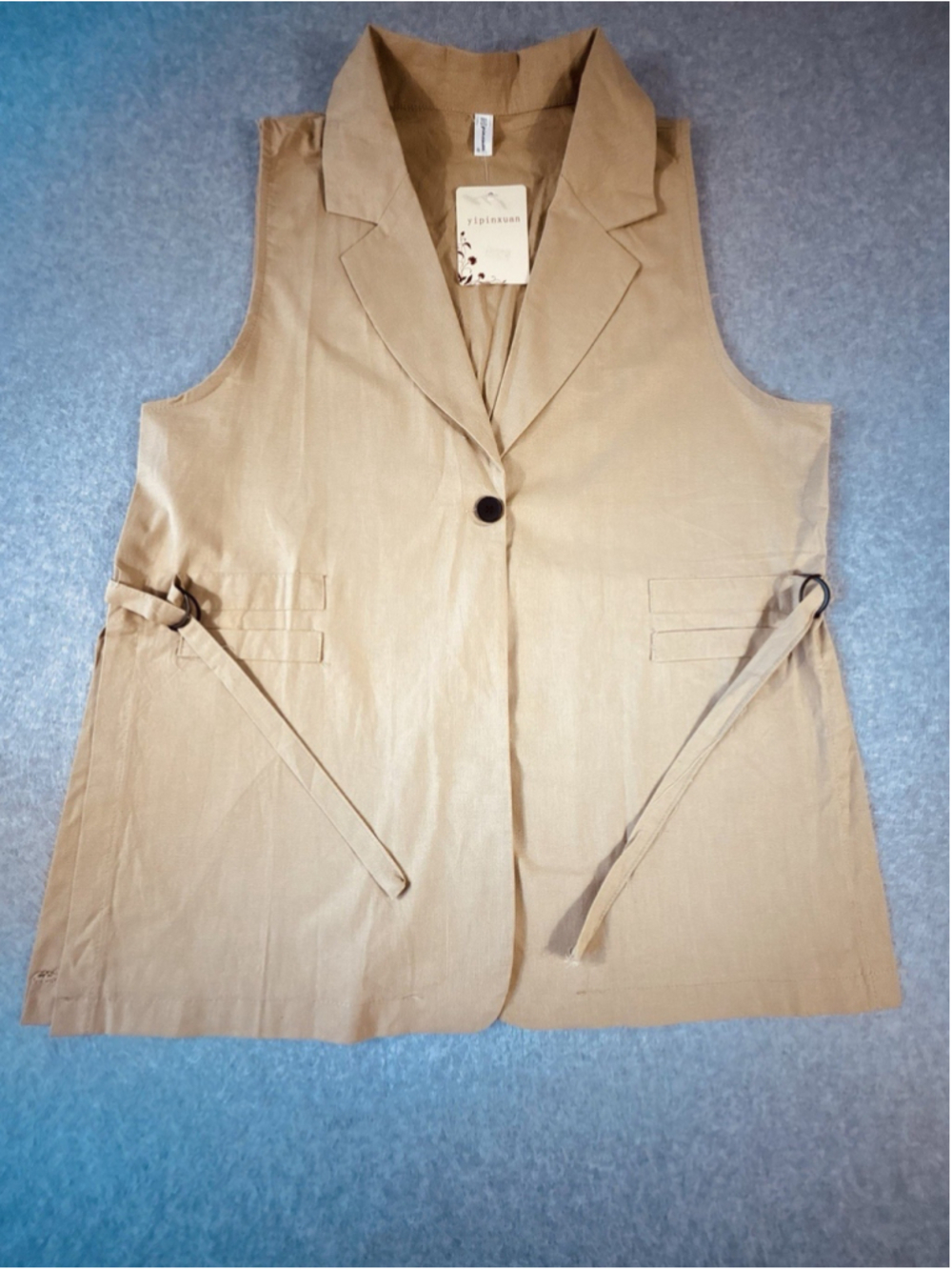 Yipinxuan Women’s 2XL Tan Sleeveless Blazer Vest Belted Linen Look NWT